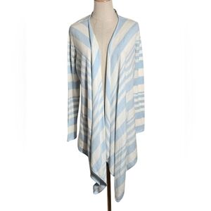 Barbour Harewood Cardigan Open Front Blue White Striped Merino Wool Cotton